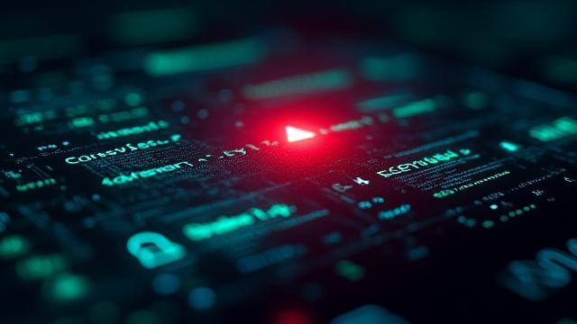 Digital security audit interface with code scanning for quantum vulnerabilities and a red alert icon